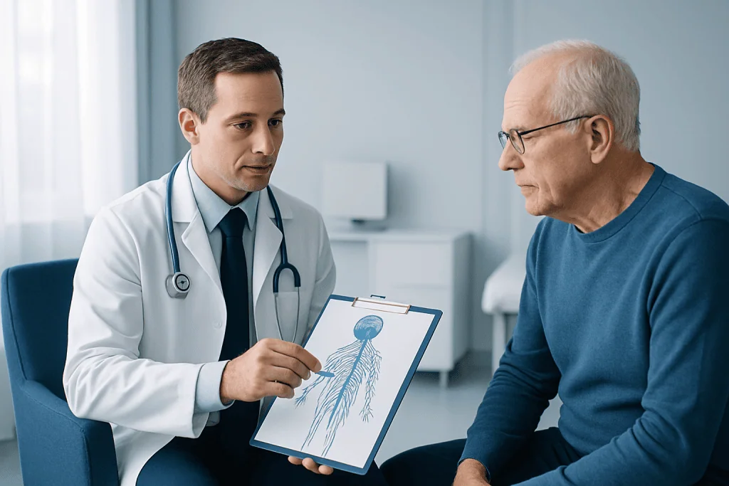 Doctor explaining nerve diagram to an elderly patient in a medical consultation.