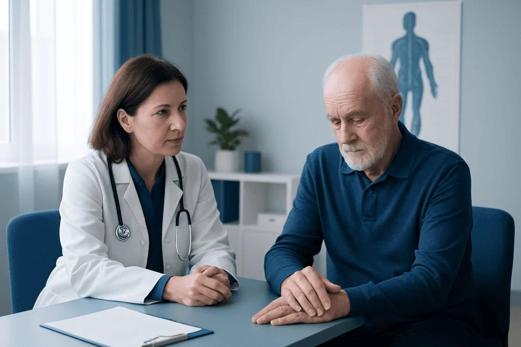 Doctor consulting with elderly patient about nerve symptoms in a clinic.