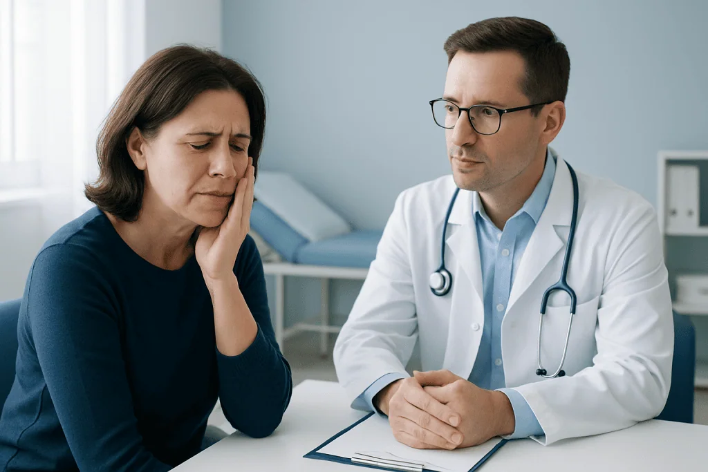 Doctor consulting a woman with facial pain in a medical office.