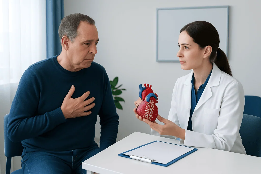 Doctor explaining heart health to a patient with chest pain.