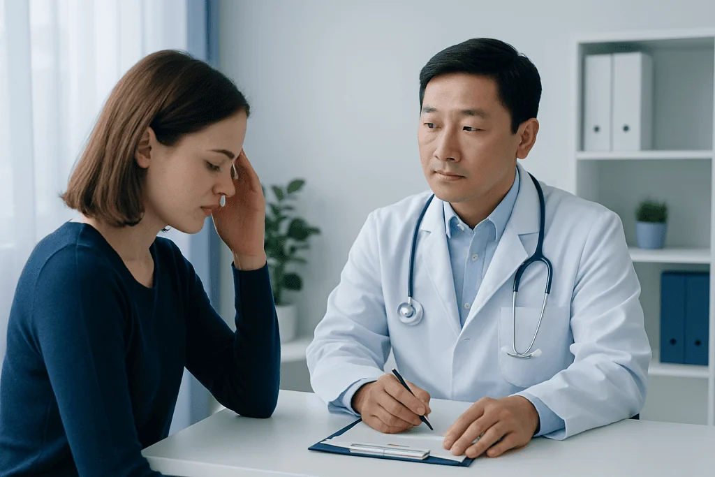 Doctor consulting with a young woman in a medical office.
