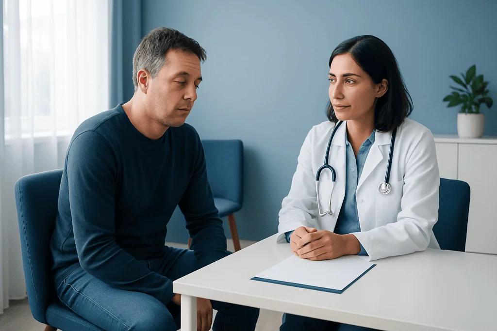 Adult patient consulting with a neurologist about sleepwalking issues.