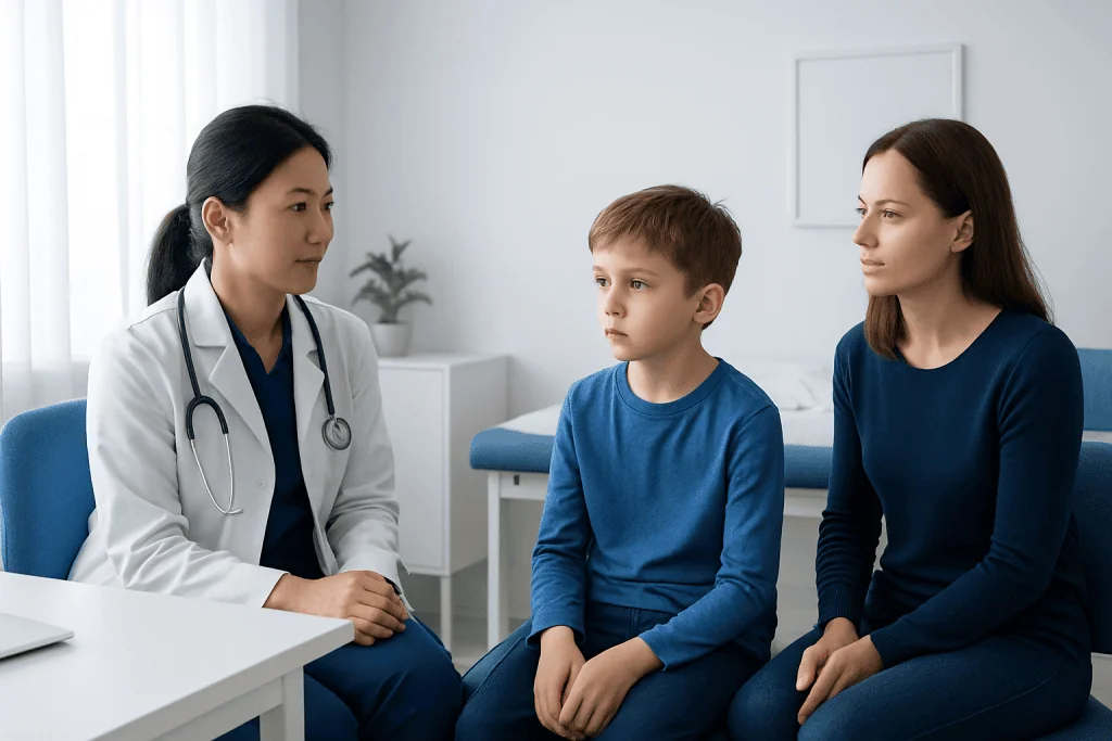 Doctor consulting a young boy and his mother in a medical office.