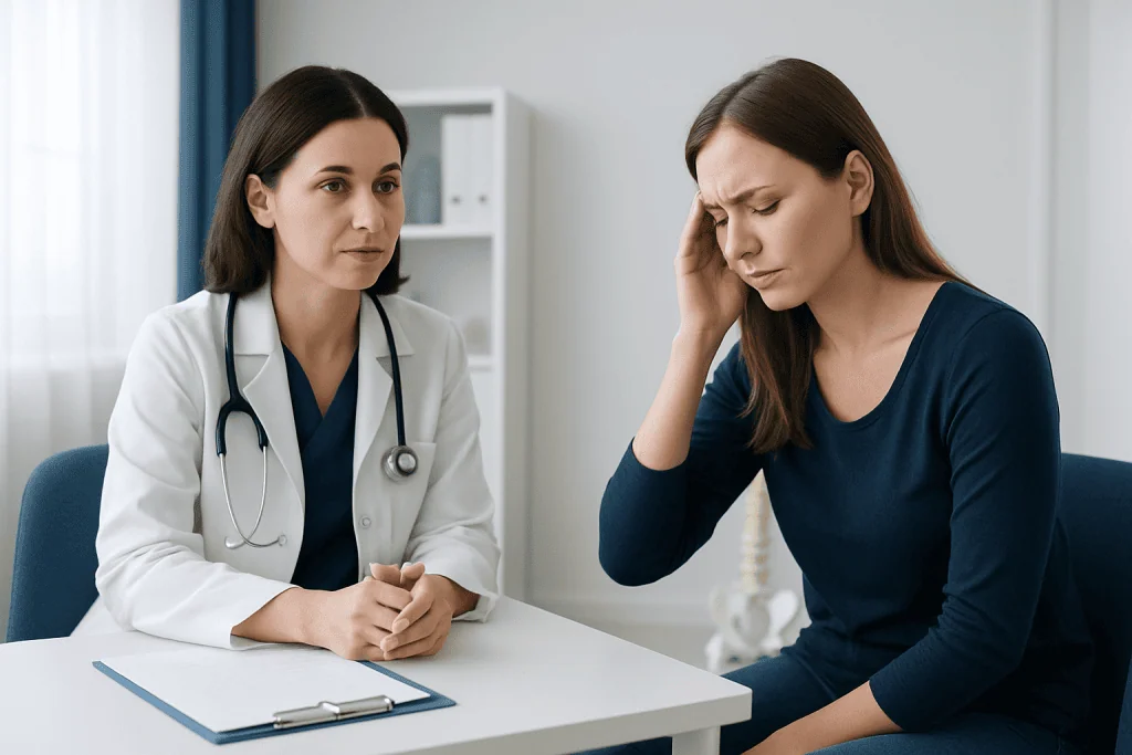 Doctor consulting with a patient experiencing headache symptoms.