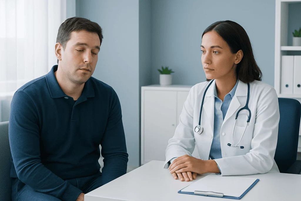 Doctor consulting with a male patient about sleep issues in a clinic.