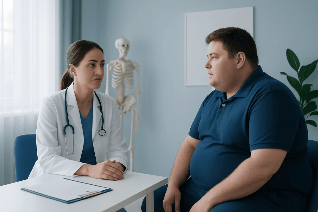 Doctor consulting with overweight male patient in a medical office.
