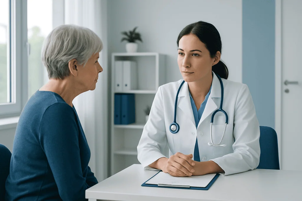 Doctor consulting with an elderly patient in a medical office.