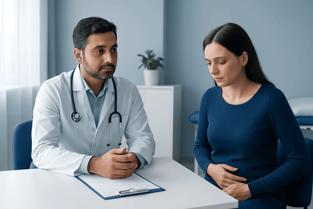 Doctor consulting with a woman patient in a medical office.