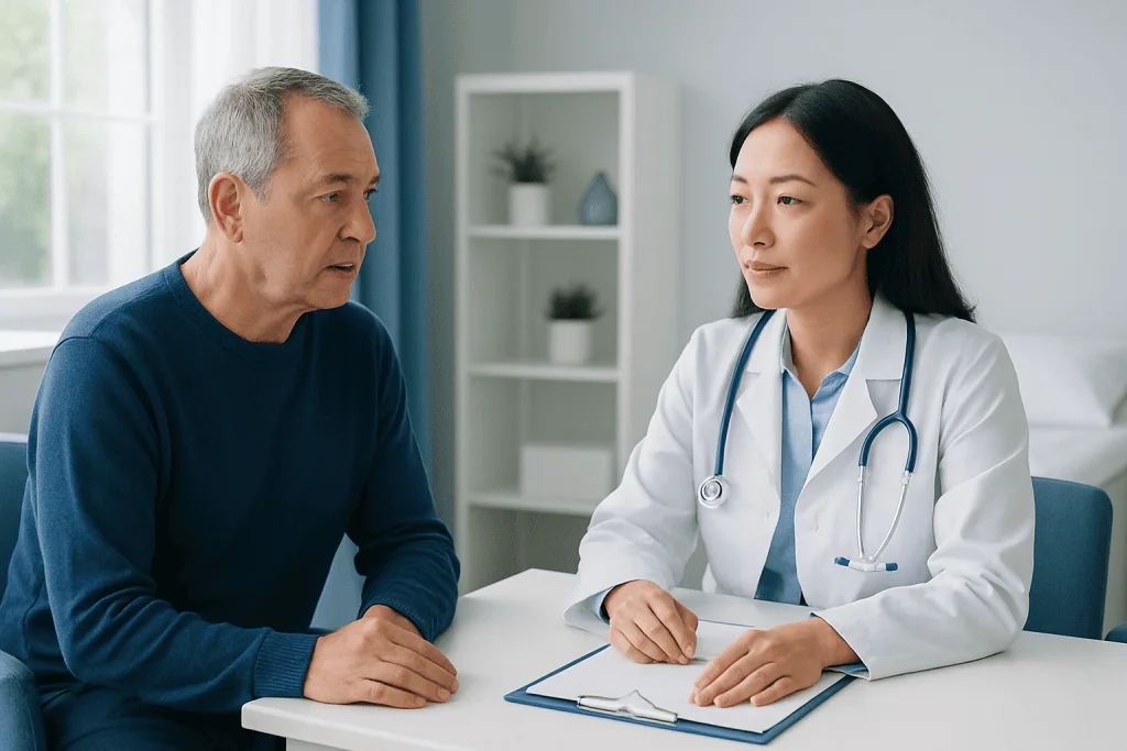 Doctor consulting with an older male patient in a medical office.