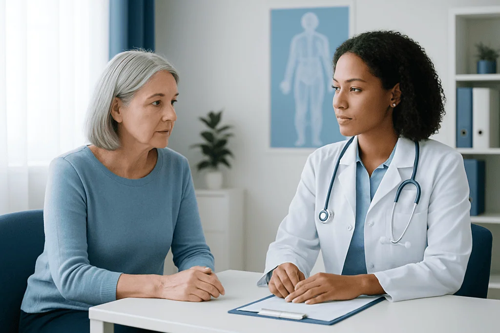 Doctor consulting with an elderly female patient in a medical office.
