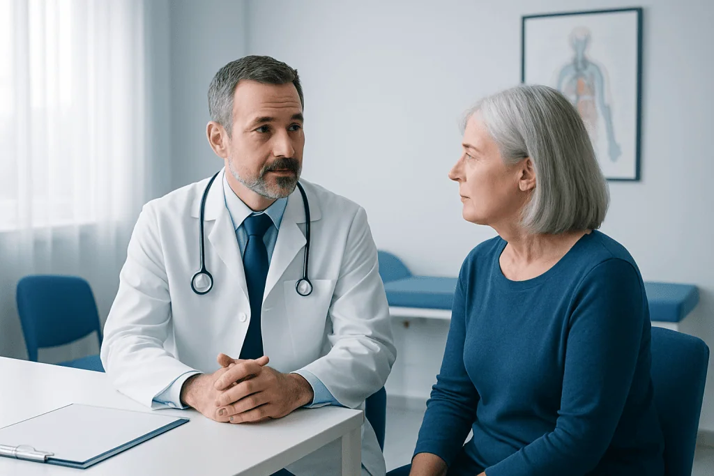 Doctor consulting with an elderly female patient in a medical office.