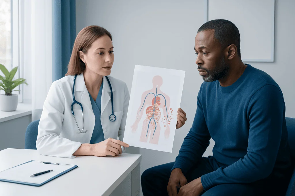 Doctor explaining lung diagram to patient in consultation room.