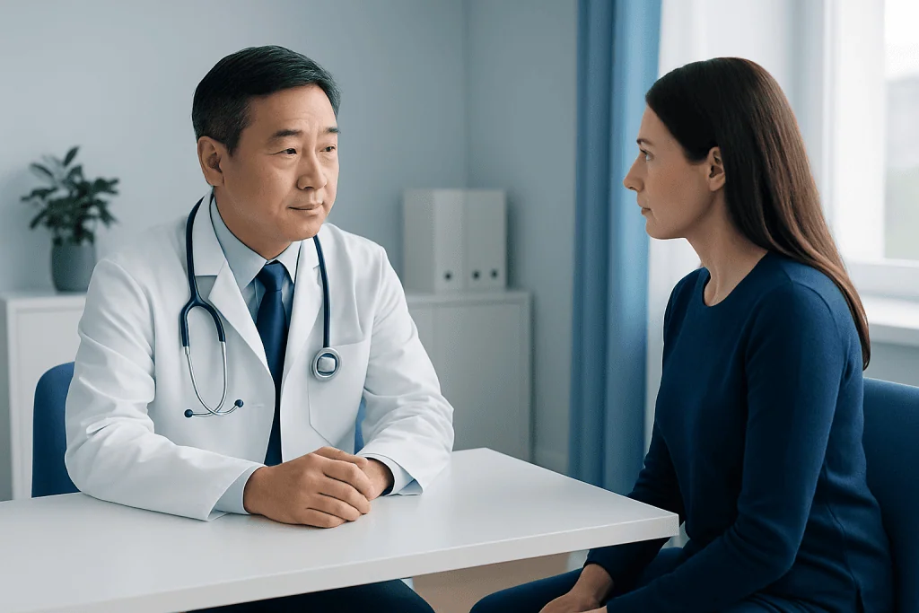 Doctor consulting with a female patient in a medical office.