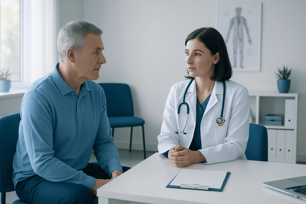 Doctor consulting with a male patient in a medical office setting.