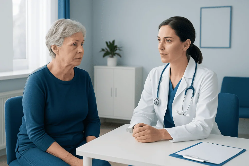 Doctor consulting with an elderly female patient in a medical office.