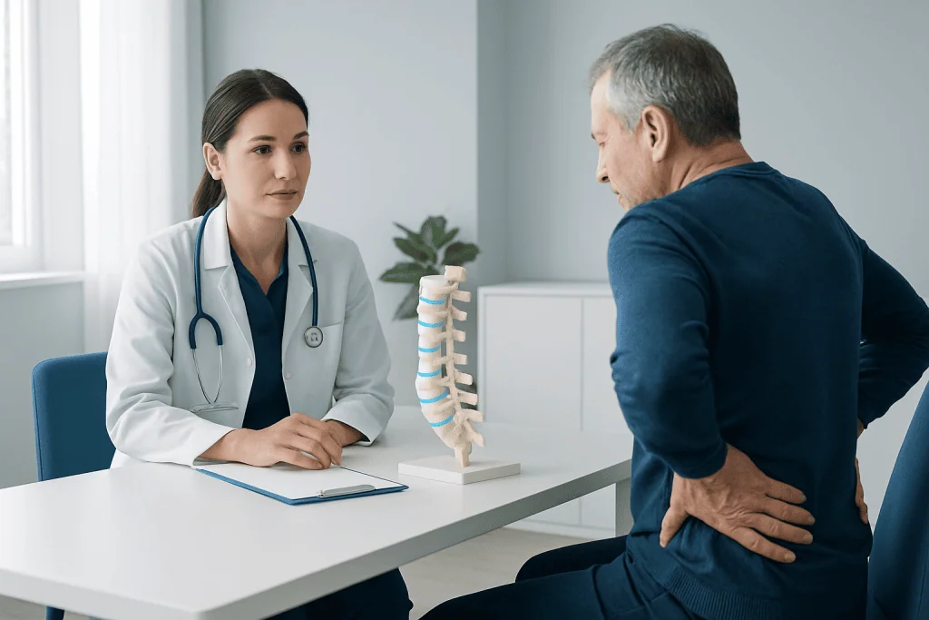 Doctor consulting with patient about spine health and possible facet joint issues.