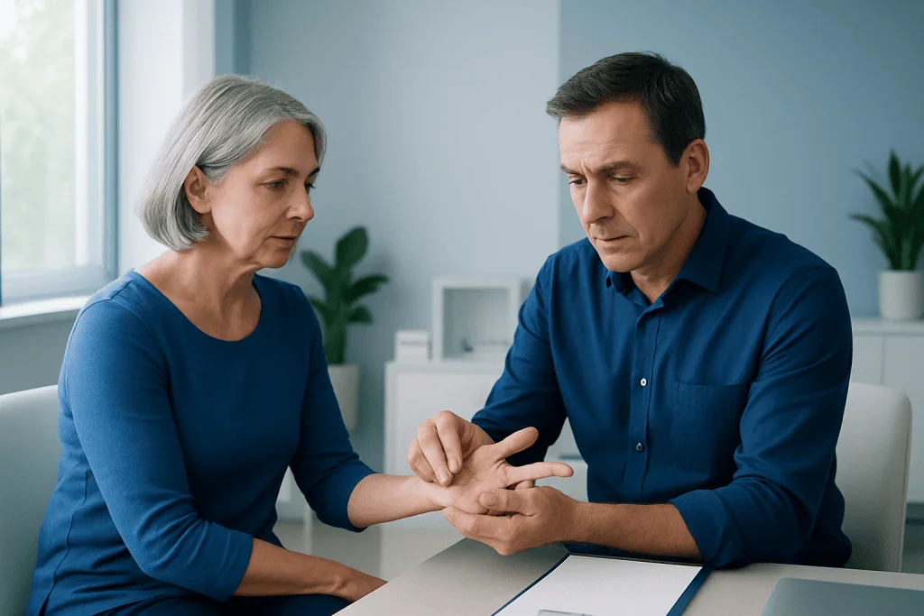 Doctor examining a patient's hand for Dupuytren’s contracture.