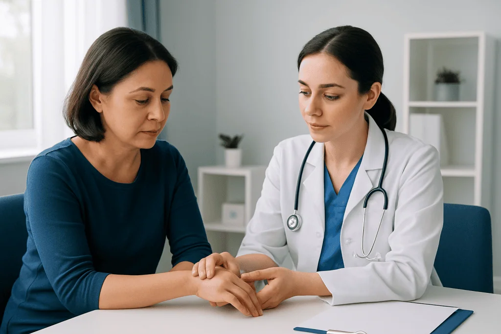 Doctor examining wrist of patient in a medical consultation.