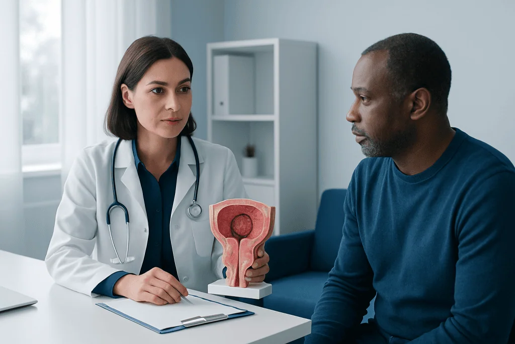 Urologist explaining prostate health to male patient with model.