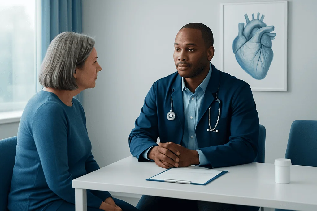 Doctor consulting with an elderly female patient in a medical office.