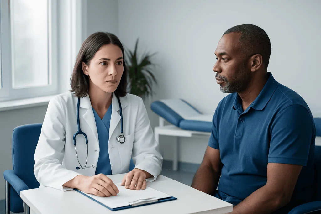 Doctor consulting with patient in a medical office setting.