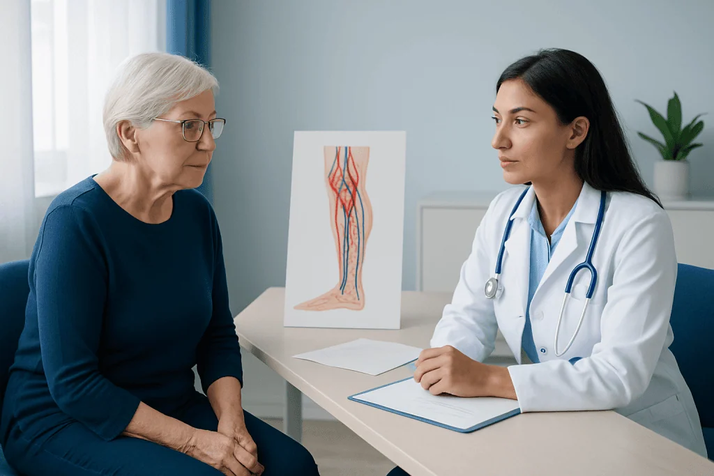 Doctor consulting with elderly woman about leg circulation and vascular health.