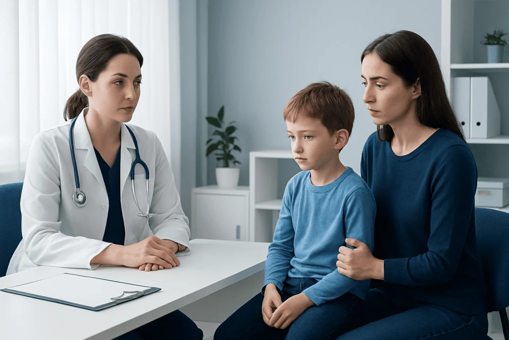 Doctor consulting with mother and child about health concerns in a clinic.