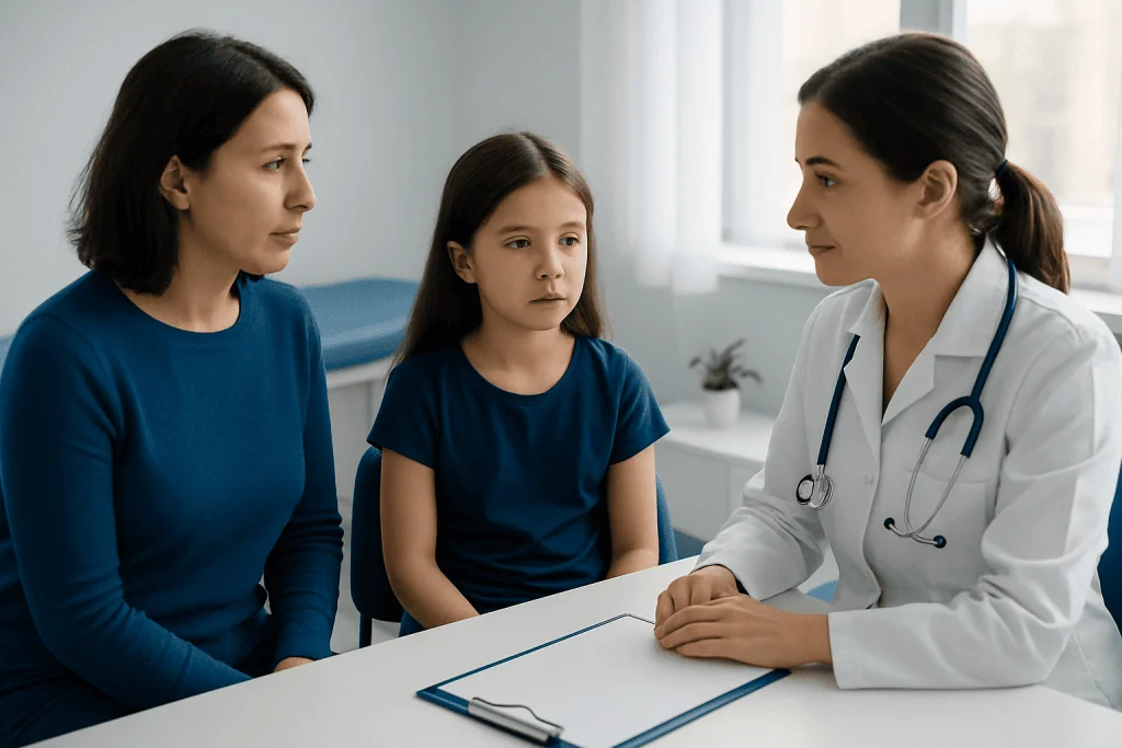 Doctor consulting with mother and daughter about childhood anemia.