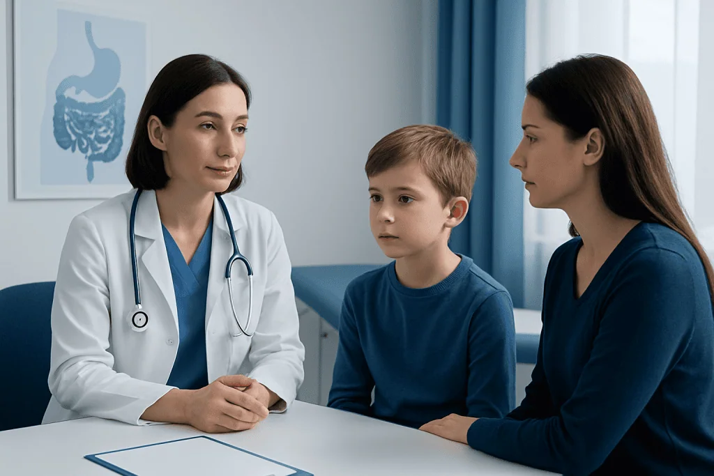 Doctor consulting with a young boy and his mother in a medical office.