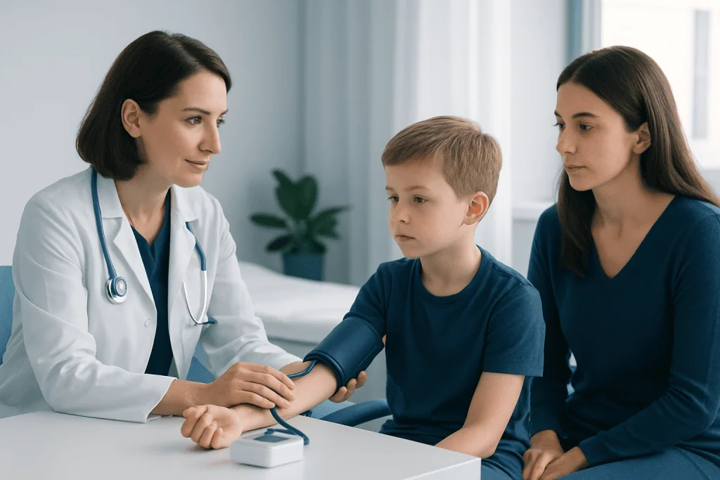 Doctor measuring child's blood pressure during a medical consultation.