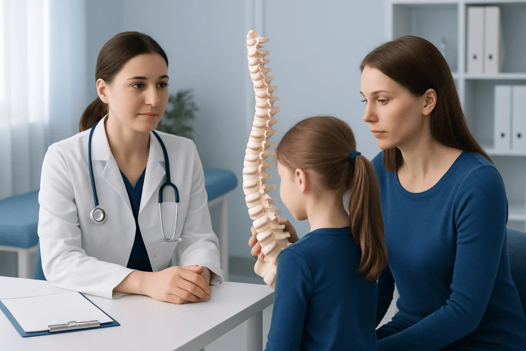 Pediatric consultation on scoliosis with a doctor and mother examining a spine model.