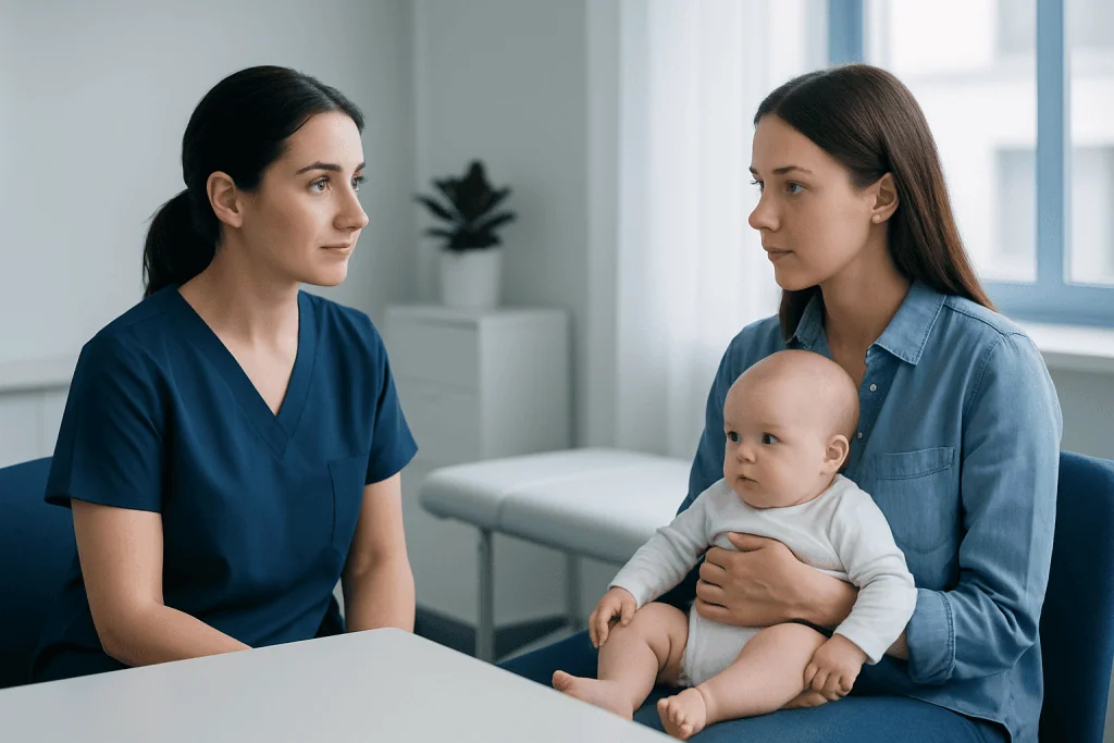 Pediatric consultation for hip dysplasia with mother and healthcare professional.