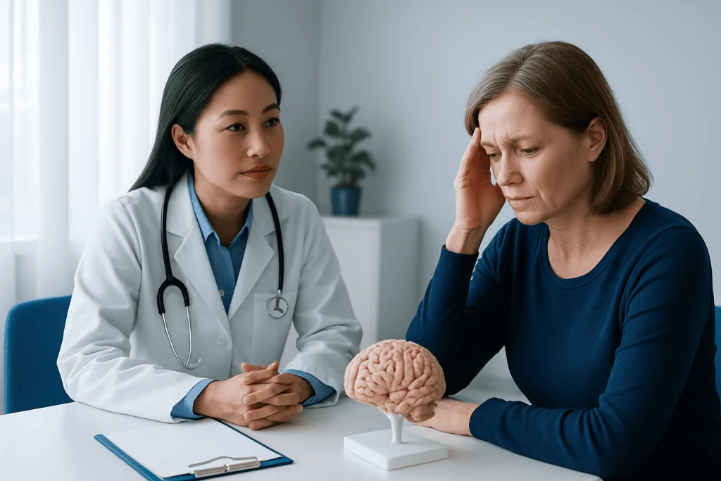 Doctor consulting with a patient about brain health and aneurysm risks.
