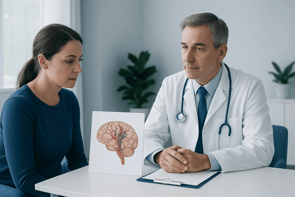 Doctor explaining brain AVM to patient with diagram of brain vessels.
