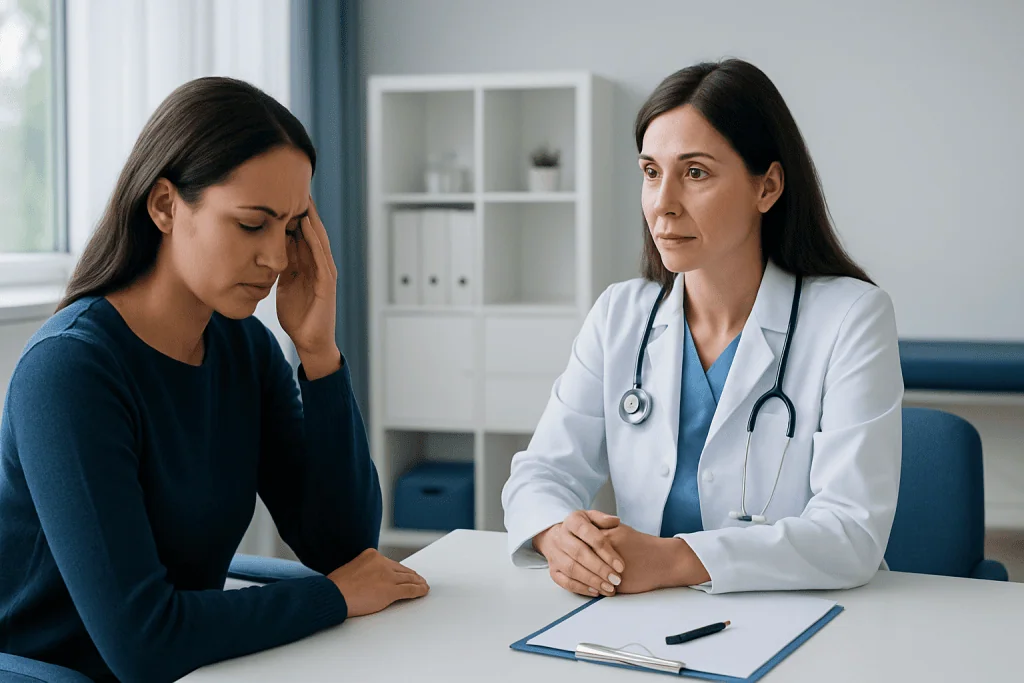 Doctor consulting with a patient about eye health and symptoms.