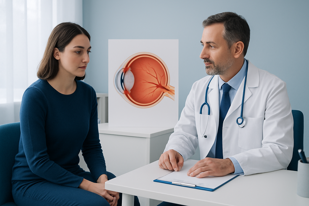 Ophthalmologist consulting patient about eye health and optic nerve swelling.