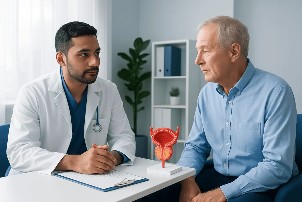 Urologist consulting with an elderly male patient about prostate health.