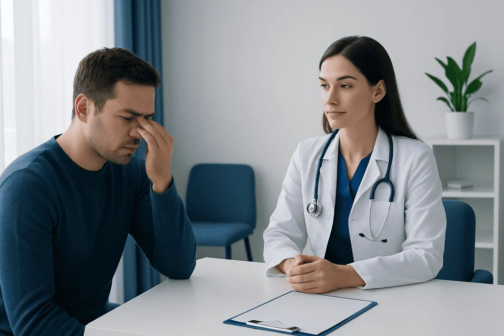 Doctor consulting with patient about sinus issues in a clinic setting.