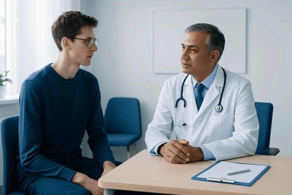 Doctor consulting with a young patient in a medical office.