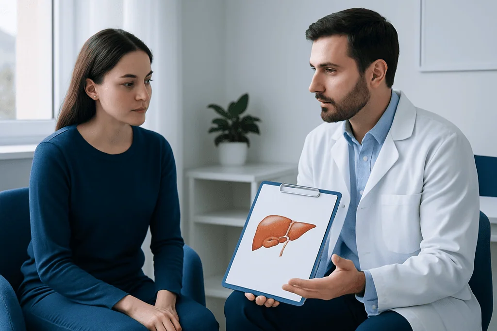 Doctor explaining liver health to a patient with liver diagram.