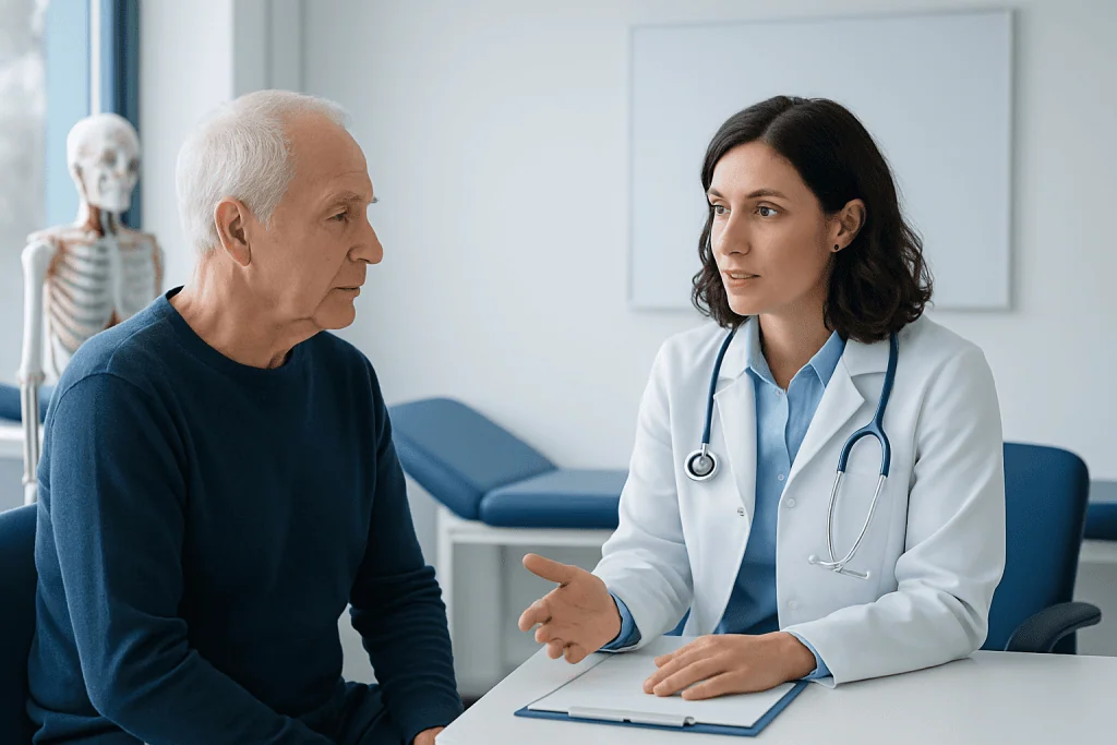 Doctor consulting with an elderly male patient in a medical office.
