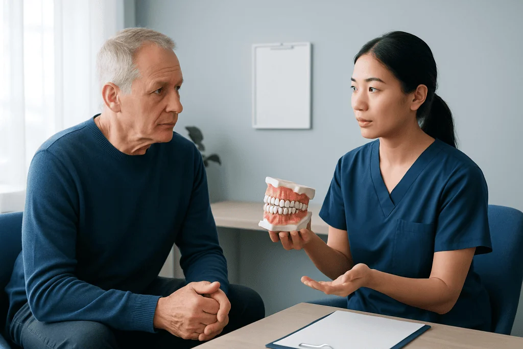 Dentist explaining dental treatment options to an elderly patient with a dental model.