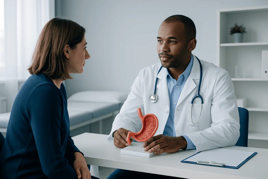 Doctor explaining stomach anatomy to a patient in a consultation room.