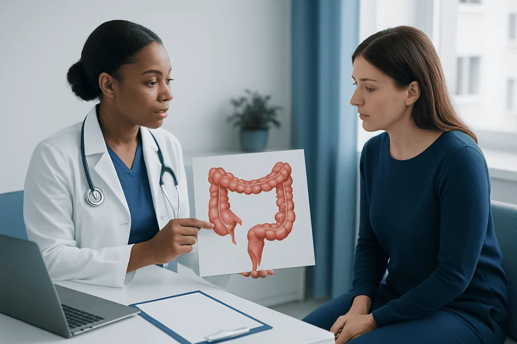 Doctor explaining colon anatomy with patient during consultation at Acibadem Hospital.