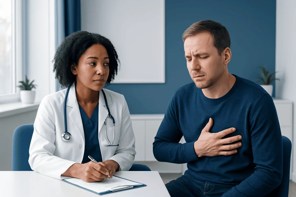 Doctor consulting with a patient experiencing chest discomfort.