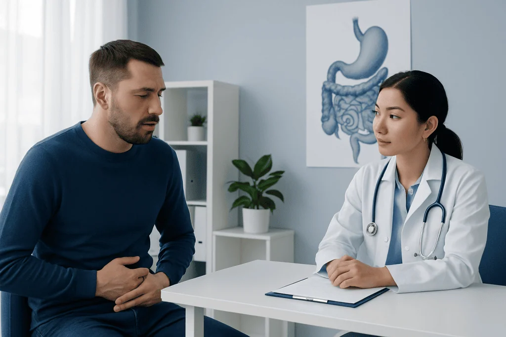 Doctor consulting with patient about digestive health and lactose intolerance.