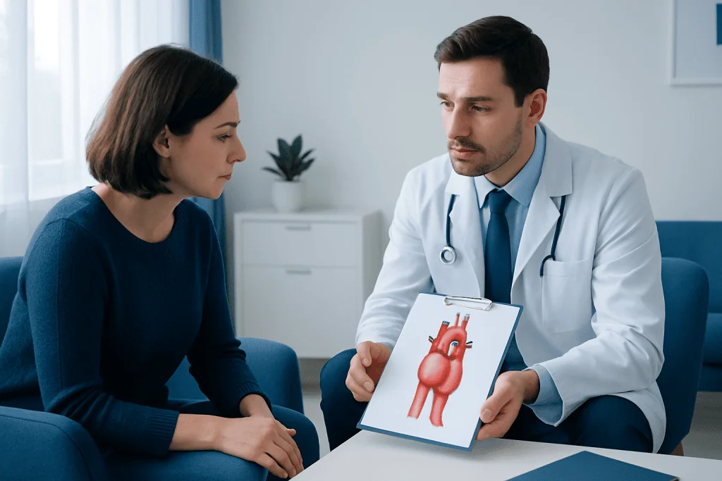 Doctor explains aortic aneurysm to a patient with a visual diagram.
