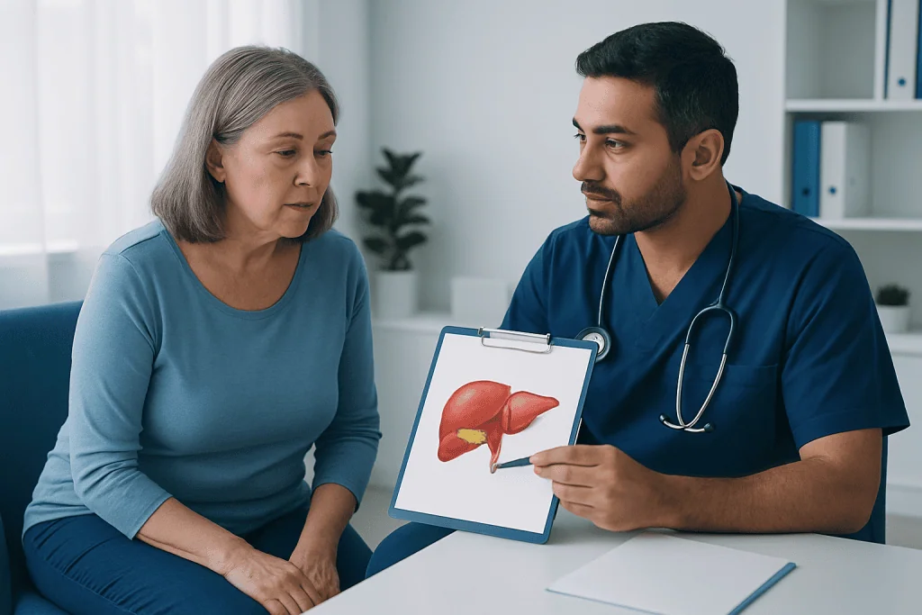 Doctor explaining liver health to an older woman in a consultation room.