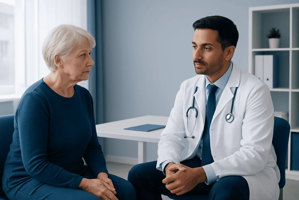Doctor consulting with an elderly woman in a medical office.