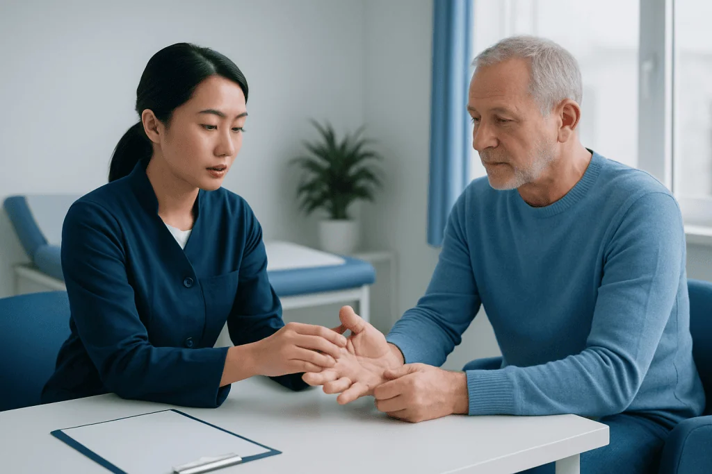 Doctor examining patient's hand for trigger finger treatment options.